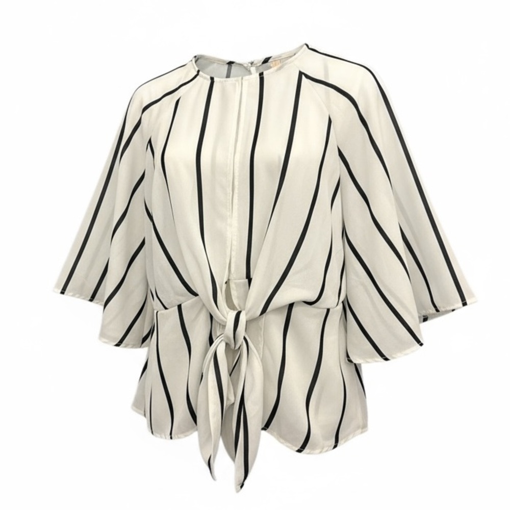 True Destiny Striped Tie Front Kimono Sleeve Blouse Ivory Black Size XL NWT